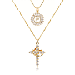 2-Piece 14K Diamond Cross Crown & Initial Necklace Set