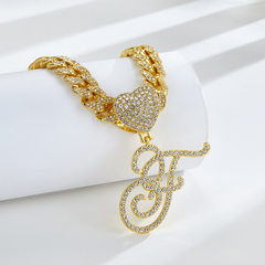 Cursive Diamond Accented Initial Cuban Heart Necklace