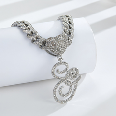 Cursive Diamond Accented Initial Cuban Heart Necklace
