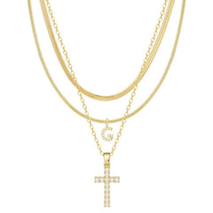 3-Piece 14K Diamond Accented Initial & Cross Necklace Set