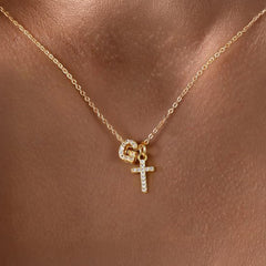 Dainty Diamond Initial & Cross Necklace