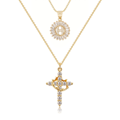 2-Piece 14K Diamond Cross Crown & Initial Necklace Set