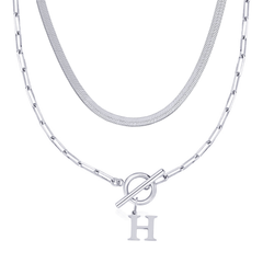2-Piece Paperclip Initial Toggle Clasp & Herringbone Necklace Set