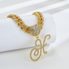 Cursive Diamond Accented Initial Cuban Heart Necklace