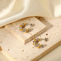 18K Two Tone Twist Spiral C Hoop Earrings