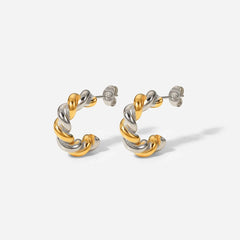 18K Two Tone Twist Spiral C Hoop Earrings
