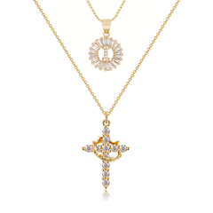 2-Piece 14K Diamond Cross Crown & Initial Necklace Set