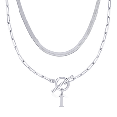 2-Piece Paperclip Initial Toggle Clasp & Herringbone Necklace Set