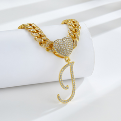 Cursive Diamond Accented Initial Cuban Heart Necklace