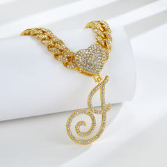 Cursive Diamond Accented Initial Cuban Heart Necklace