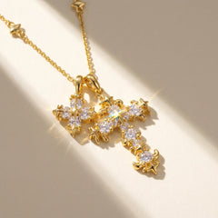 18K Floral Diamond Accented Cross Necklace