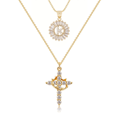 2-Piece 14K Diamond Cross Crown & Initial Necklace Set