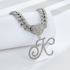 Cursive Diamond Accented Initial Cuban Heart Necklace