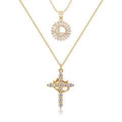 2-Piece 14K Diamond Cross Crown & Initial Necklace Set