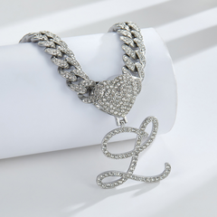 Cursive Diamond Accented Initial Cuban Heart Necklace