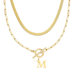 2-Piece Paperclip Initial Toggle Clasp & Herringbone Necklace Set