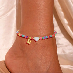 Colorful Pearl Heart Initial Anklet