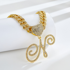 Cursive Diamond Accented Initial Cuban Heart Necklace