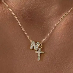 Dainty Diamond Initial & Cross Necklace