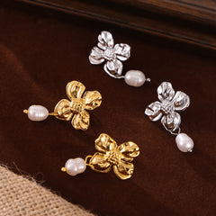 Textured Flower Freshwater Pearl Drop Earrings