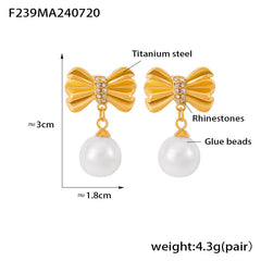 Bow Stud Pearl-Look Drop Earrings