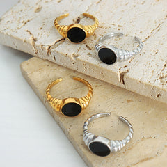 18K Gold-Plated Black Enamel Open Ring