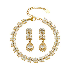 Cubic Zirconia Wheat Leaf Bracelet and Drop Earrings