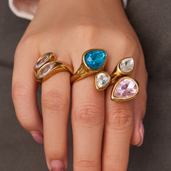 18K Gold-Plated Faceted Glass and Cubic Zirconia Rings