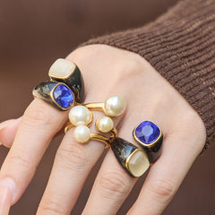 Enamel Pearl-Look & Cat-Eye-Look Statement Rings