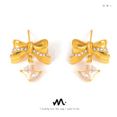 18K Gold-Plated Bow Cubic Zirconia Stud Earrings