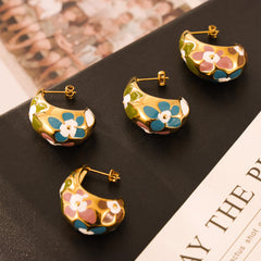Floral Enamel Rounded Hoop Earrings