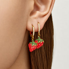 Enamel Strawberry Cubic Zirconia Drop Earrings