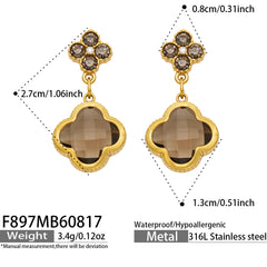 18K Gold-Plated Clover Glass Stone Drop Earrings