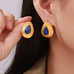 18K Gold-Plated Blue Stone Teardrop Stud Earrings