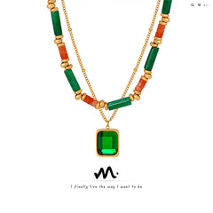 Green Stone & Geometric Pendant Layered Necklace