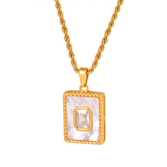 White Shell and Cubic Zirconia Rectangle Necklace