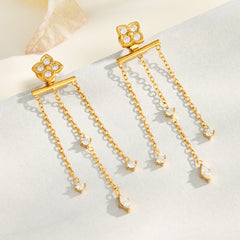 Floral Cubic Zirconia Long Chain Drop Earrings