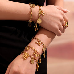 Gold-Tone Initial and Coin Charm Bracelet