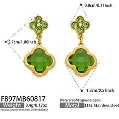 18K Gold-Plated Clover Glass Stone Drop Earrings