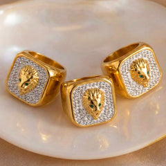18K Gold-Plated Lion-Motif Cubic Zirconia Signet Ring