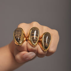 18K Gold-Plated Natural Wood-Grain Stone Teardrop Ring