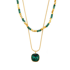 Green Beaded Layered Pendant Necklace