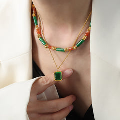 Green Stone & Geometric Pendant Layered Necklace
