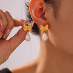 18K Gold-Plated Bow Pearl-Look Drop Earrings