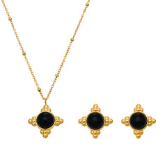 Black Agate Cross-Motif Pendant Necklace & Earrings