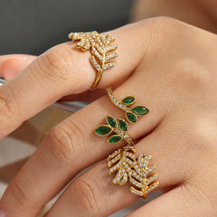 18K Gold-Plated Cubic Zirconia Leaf Ring Designs