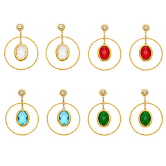 Oval Glass Stone Double-Hoop Drop Earrings