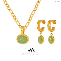 Green Aventurine Pendant Necklace & Hoop Earrings