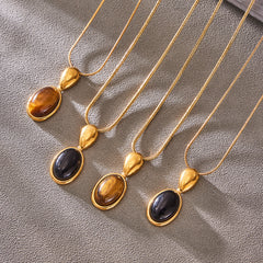 Tiger Eye and Black Agate Long Pendant Necklace