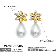 Floral Cubic Zirconia Pearl-Look Drop Earrings